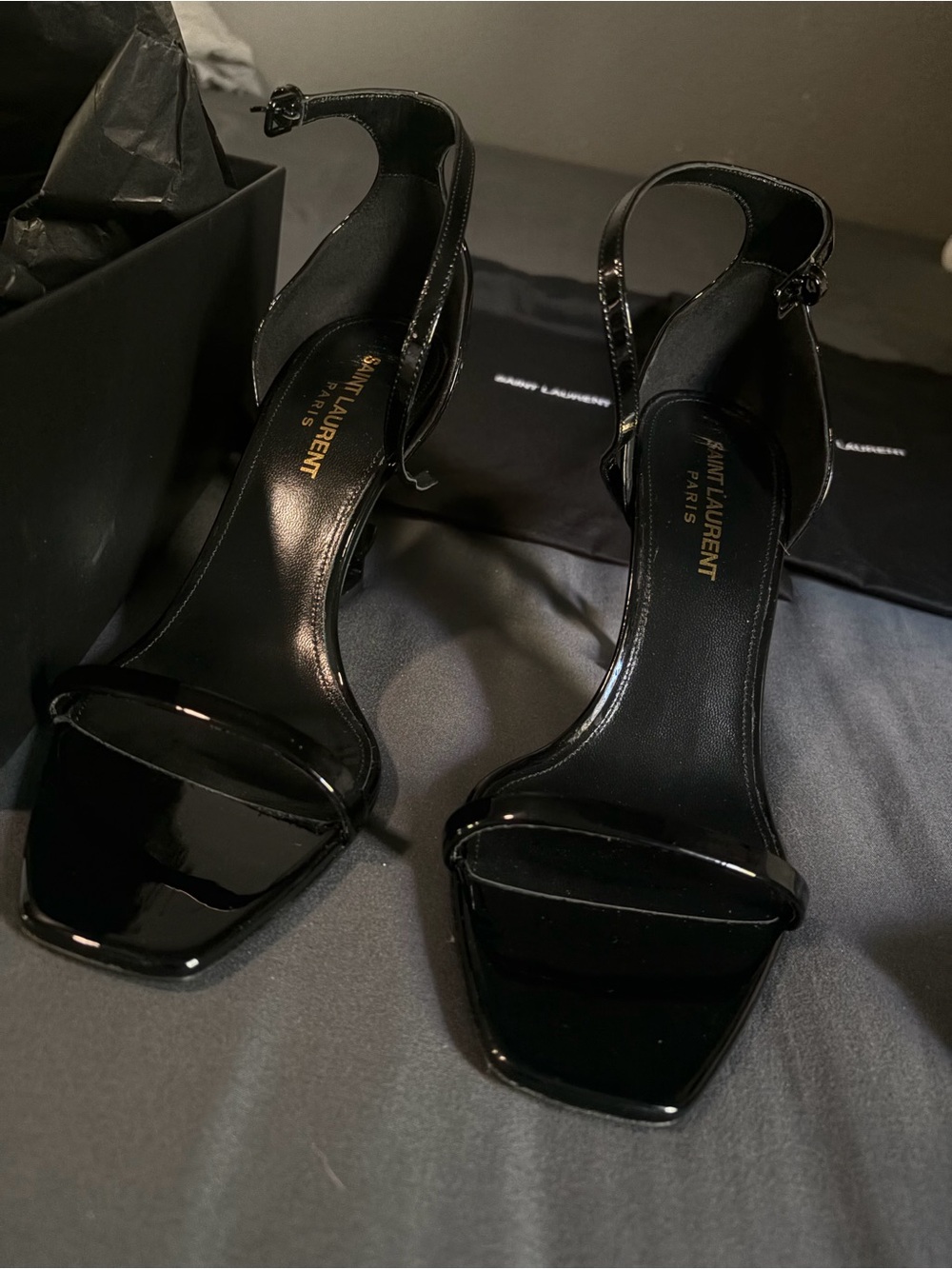 Saint Laurent Black Patent Ankle-Strap Heels